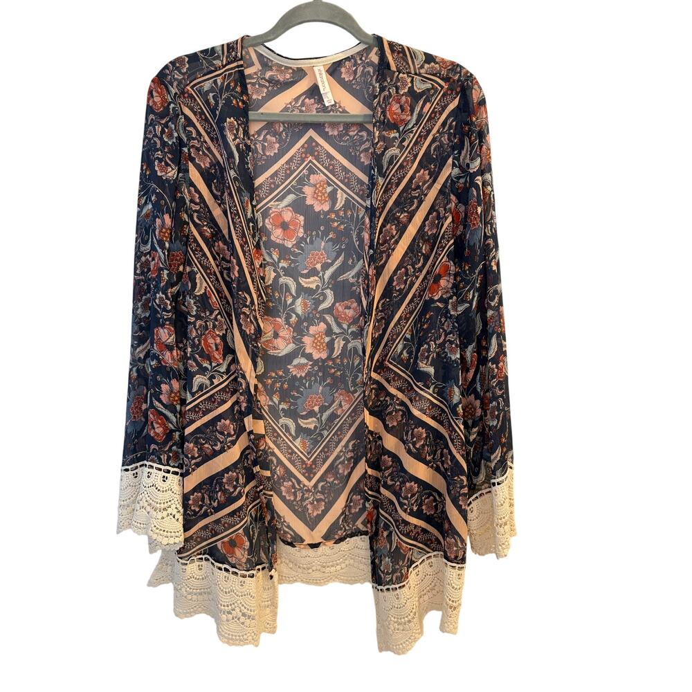 Xhilaration Navy Blue Floral Lace Kimono Cover Up Boho Festival Cardigan Large